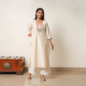 Buy Najia Cream Gota Work Slub Silk Plain Kurta for Women