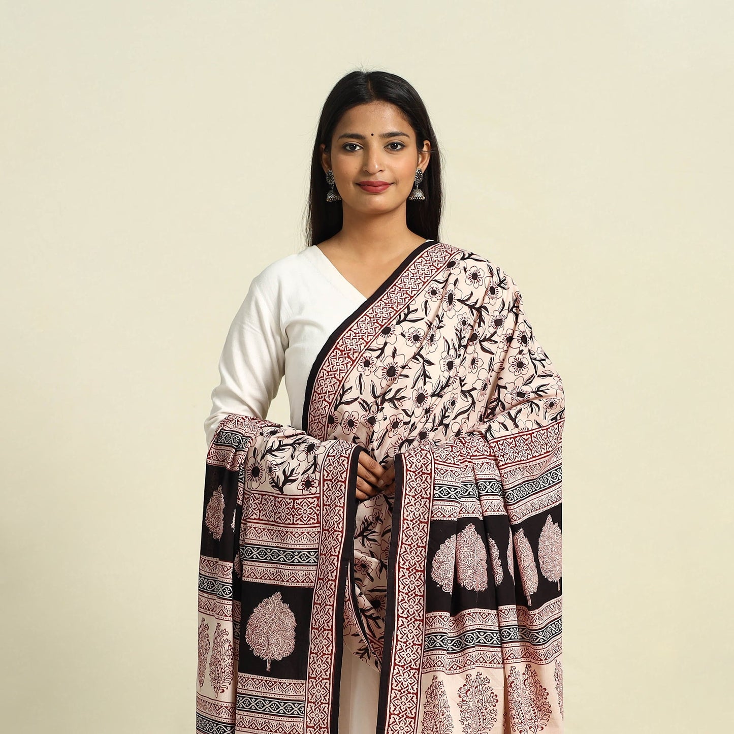  Beige Natural Dye Mul Cotton Bagh Print Dupatta