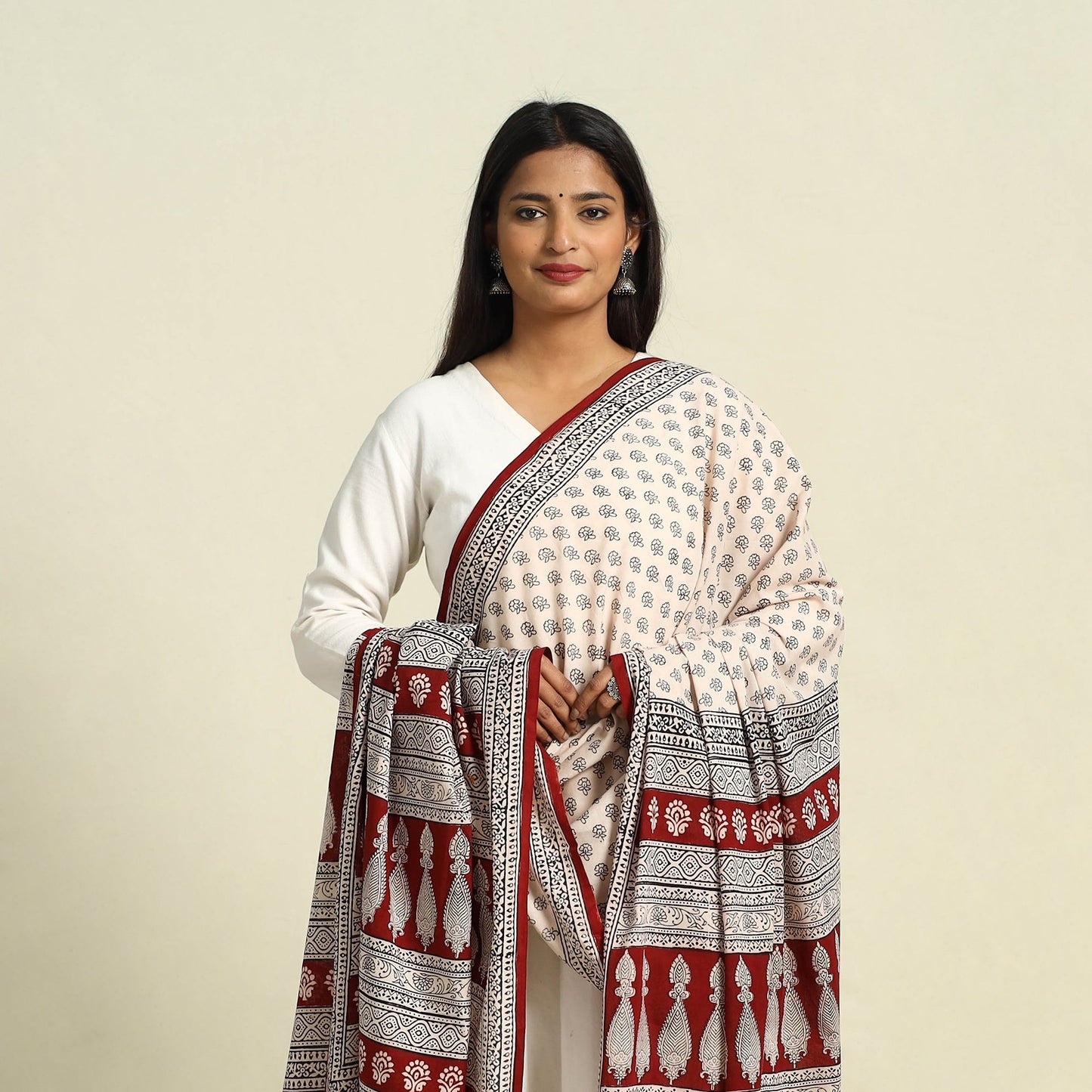  Beige Natural Dye Mul Cotton Bagh Print Dupatta