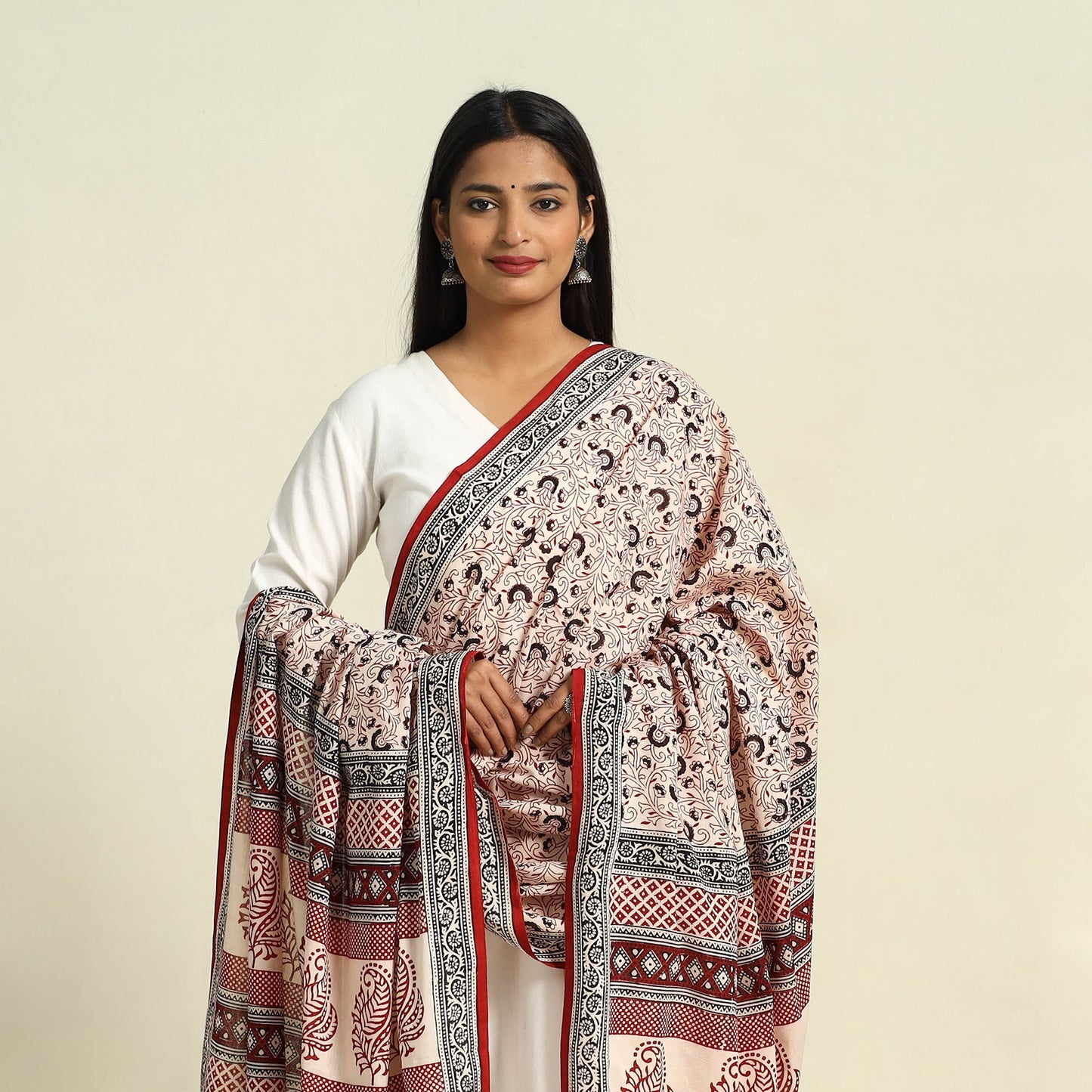  Beige Natural Dye Mul Cotton Bagh Print Dupatta