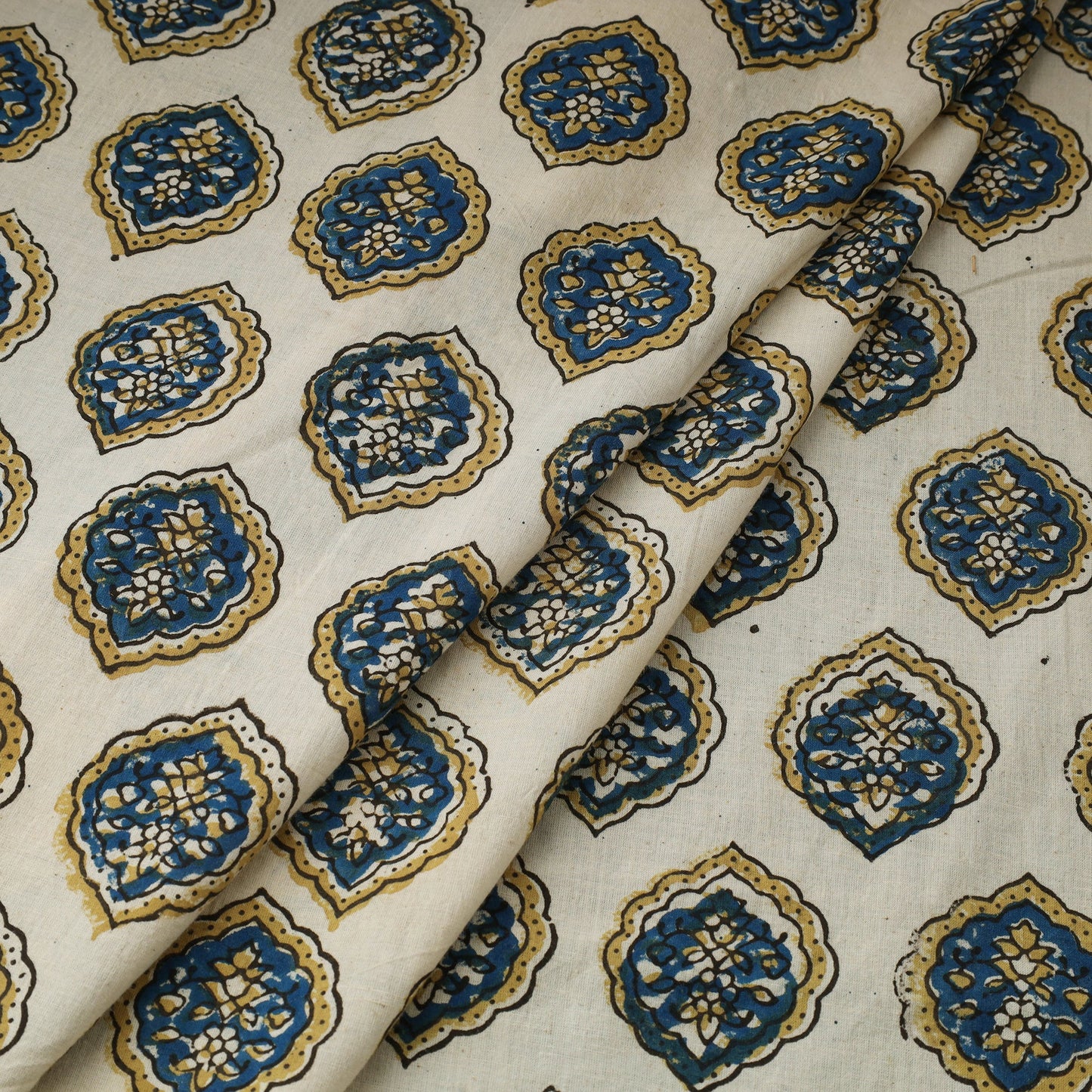 Beige Natural Dyed 3 Kaam Block Print Cotton Ajrakh Fabric