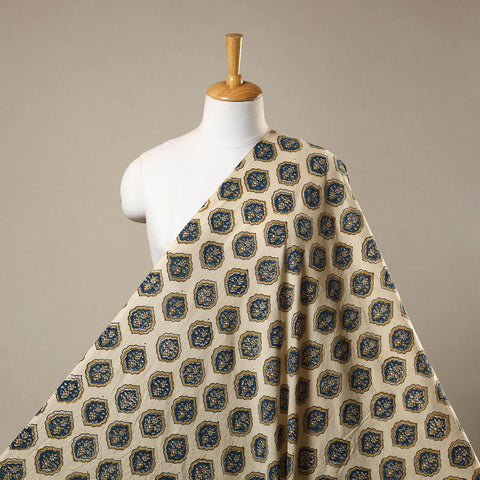 Beige Natural Dyed 3 Kaam Block Print Cotton Ajrakh Fabric