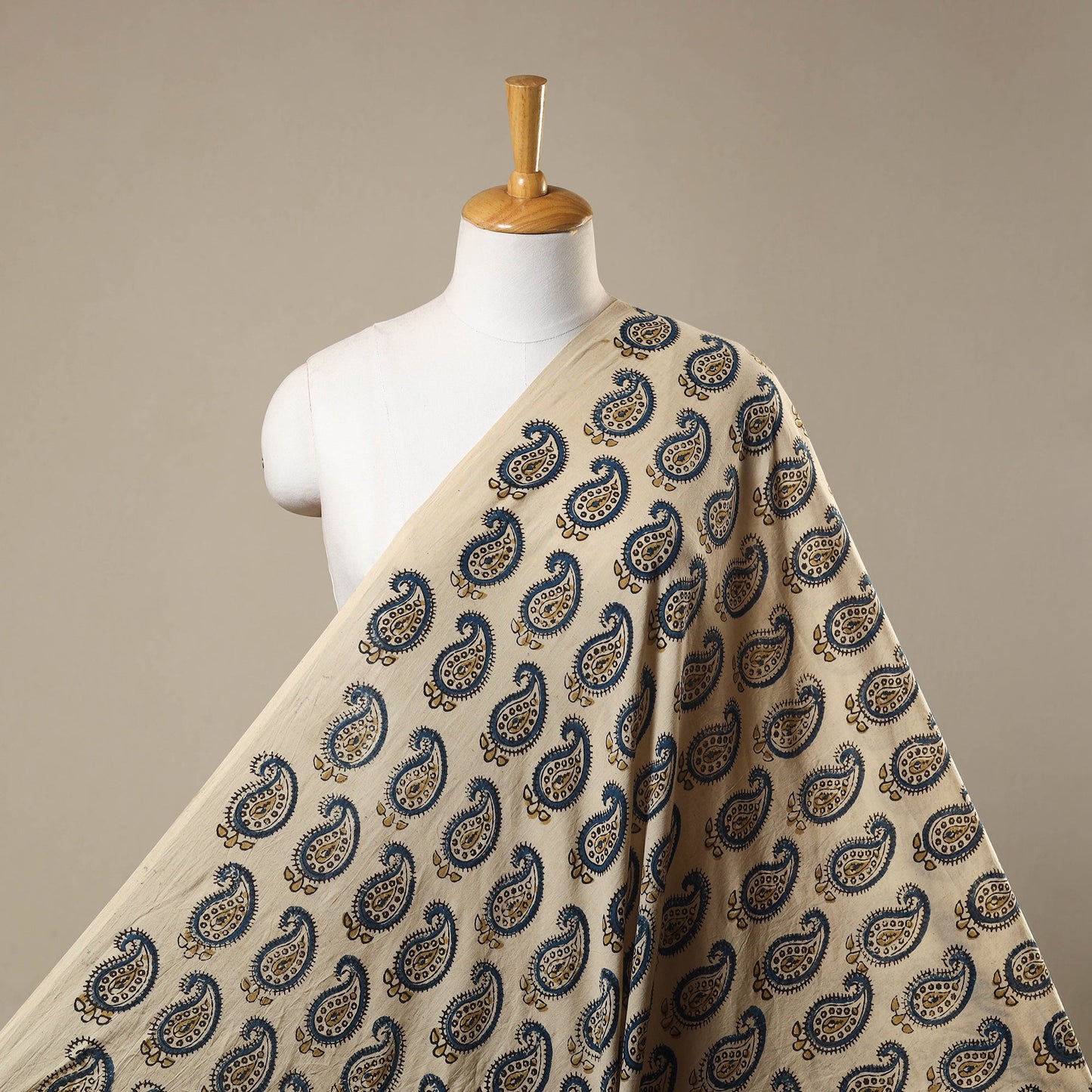 Beige Natural Dyed 3 Kaam Block Print Cotton Ajrakh Fabric