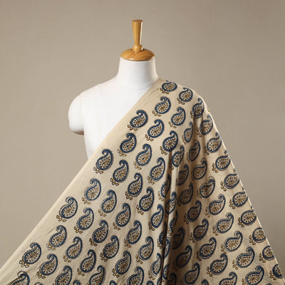 Beige Natural Dyed 3 Kaam Block Print Cotton Ajrakh Fabric