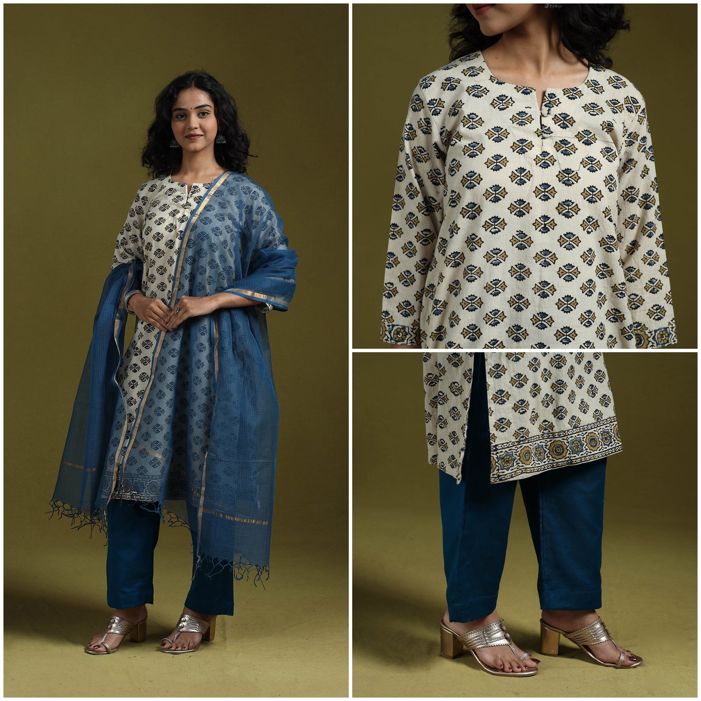 Natural dyed ajrakh hand block print cotton suit set