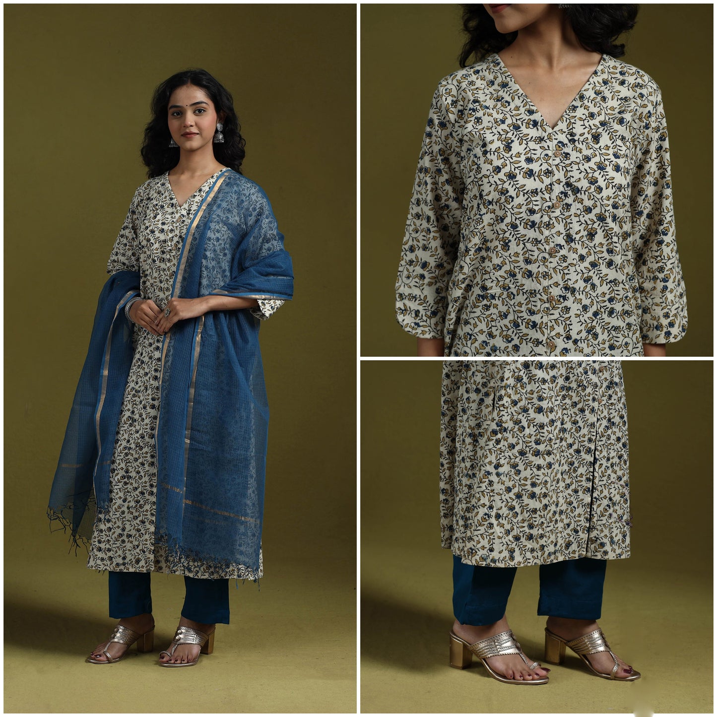 Natural dyed ajrakh hand block print cotton suit set