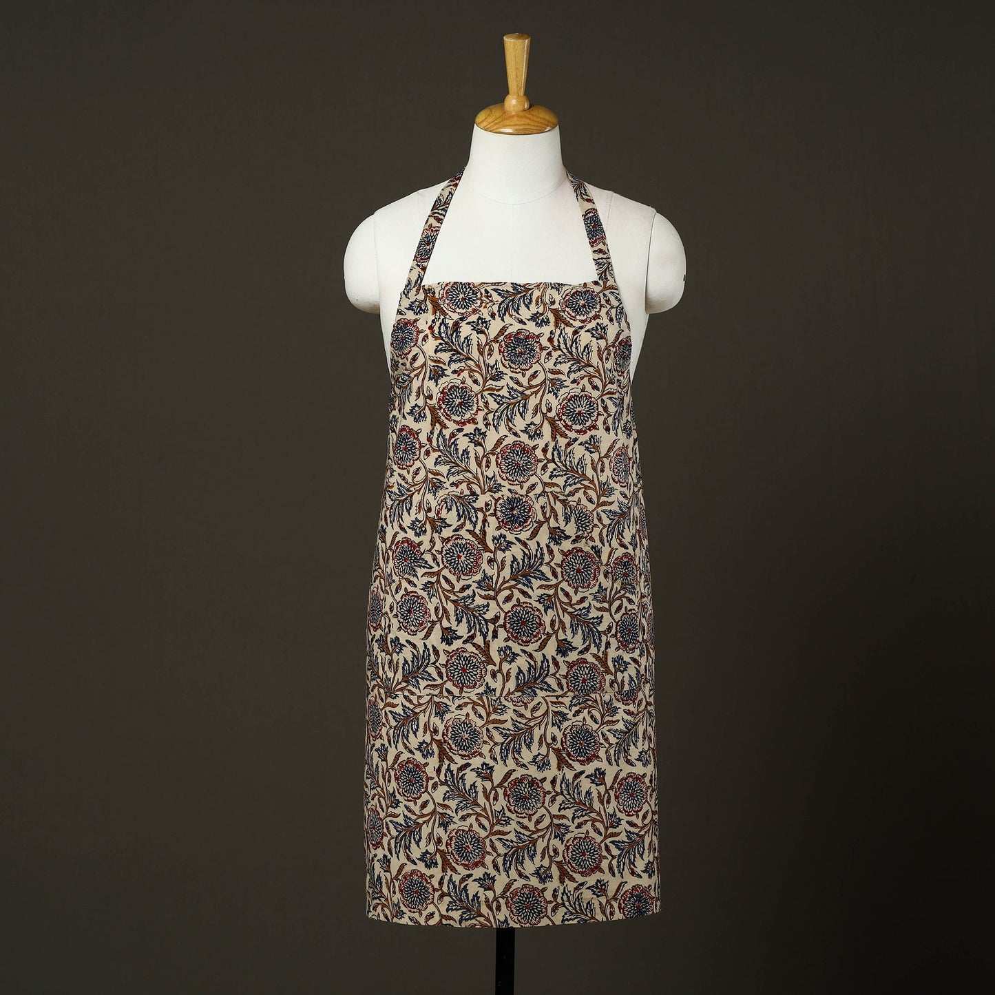 Beige - bagru cotton apron with pocket 16 - handcrafted