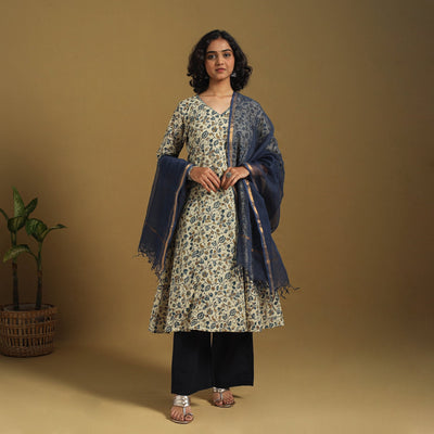 Beige Natural Dyed Block Print Cotton Ajrakh Kurta Set (Set of 3)