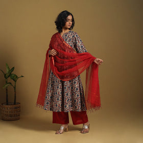 Beige Natural Dyed Block Print Cotton Ajrakh Kurta Set (Set of 3)