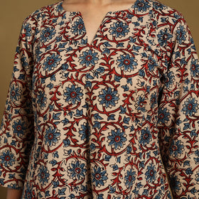 Beige Natural Dyed Block Print Cotton Ajrakh Kurta Set (Set of 3)