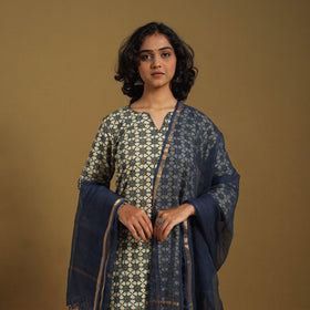 Beige Natural Dyed Block Print Cotton Ajrakh Kurta Set (Set of 3)