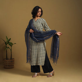 Beige Natural Dyed Block Print Cotton Ajrakh Kurta Set (Set of 3)