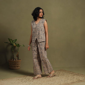 Beige Natural Dyed Block Print Cotton Pedana Kalamkari Co-ord Set