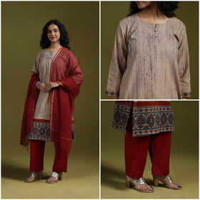 Natural dyed brush design ajrakh print cotton suit set