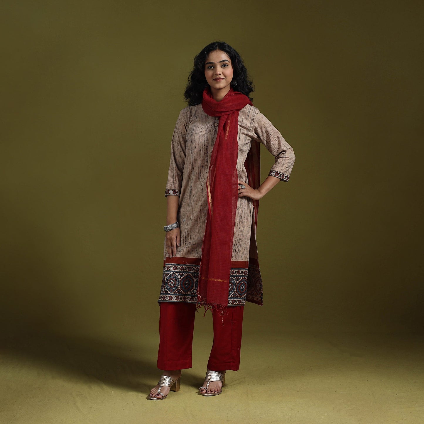 Natural dyed brush design ajrakh print cotton suit set