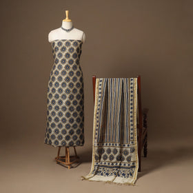 Beige Natural Dyed Chanderi Silk 2pc Unstitched Ajrakh Dress Material