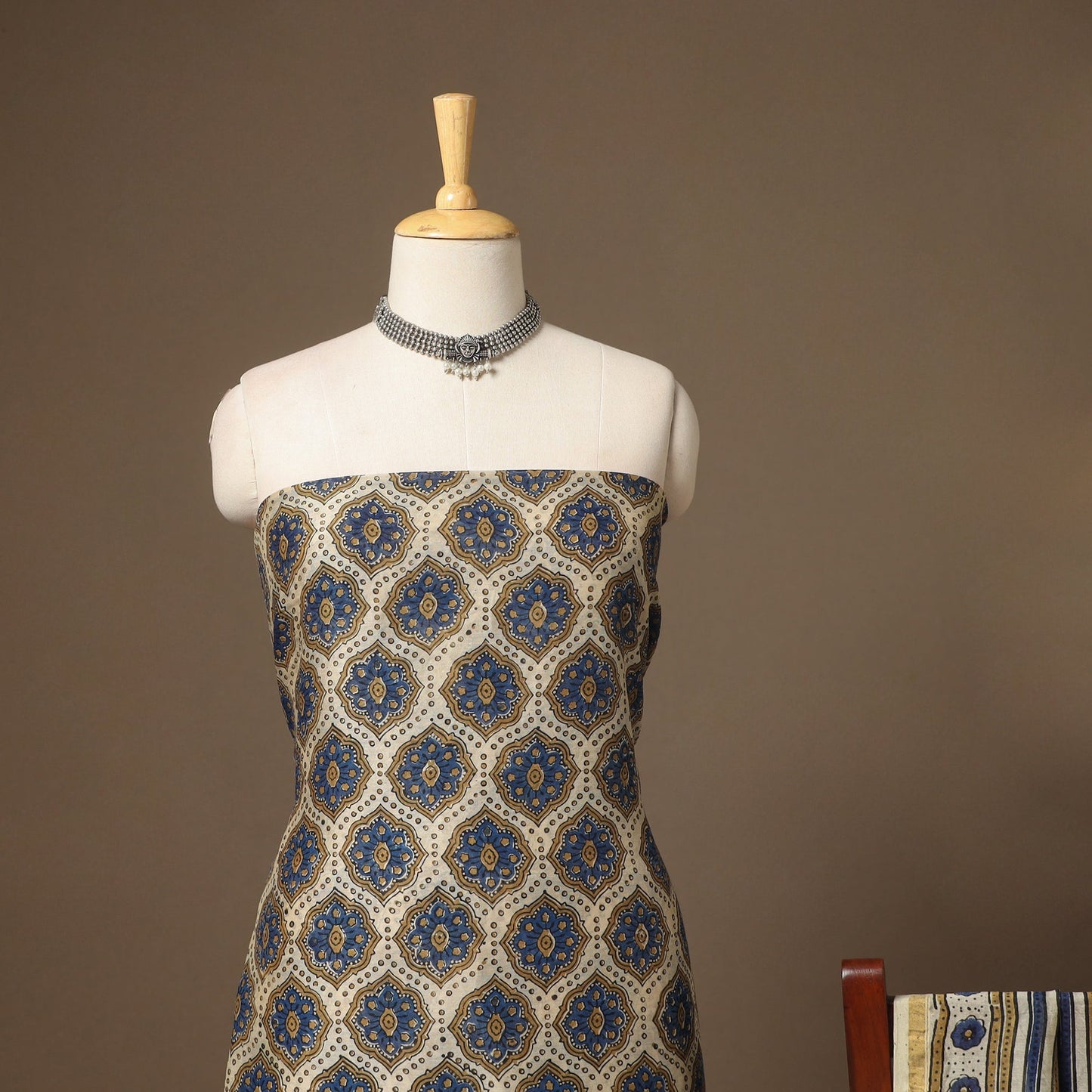 Beige Natural Dyed Chanderi Silk 2pc Unstitched Ajrakh Dress Material