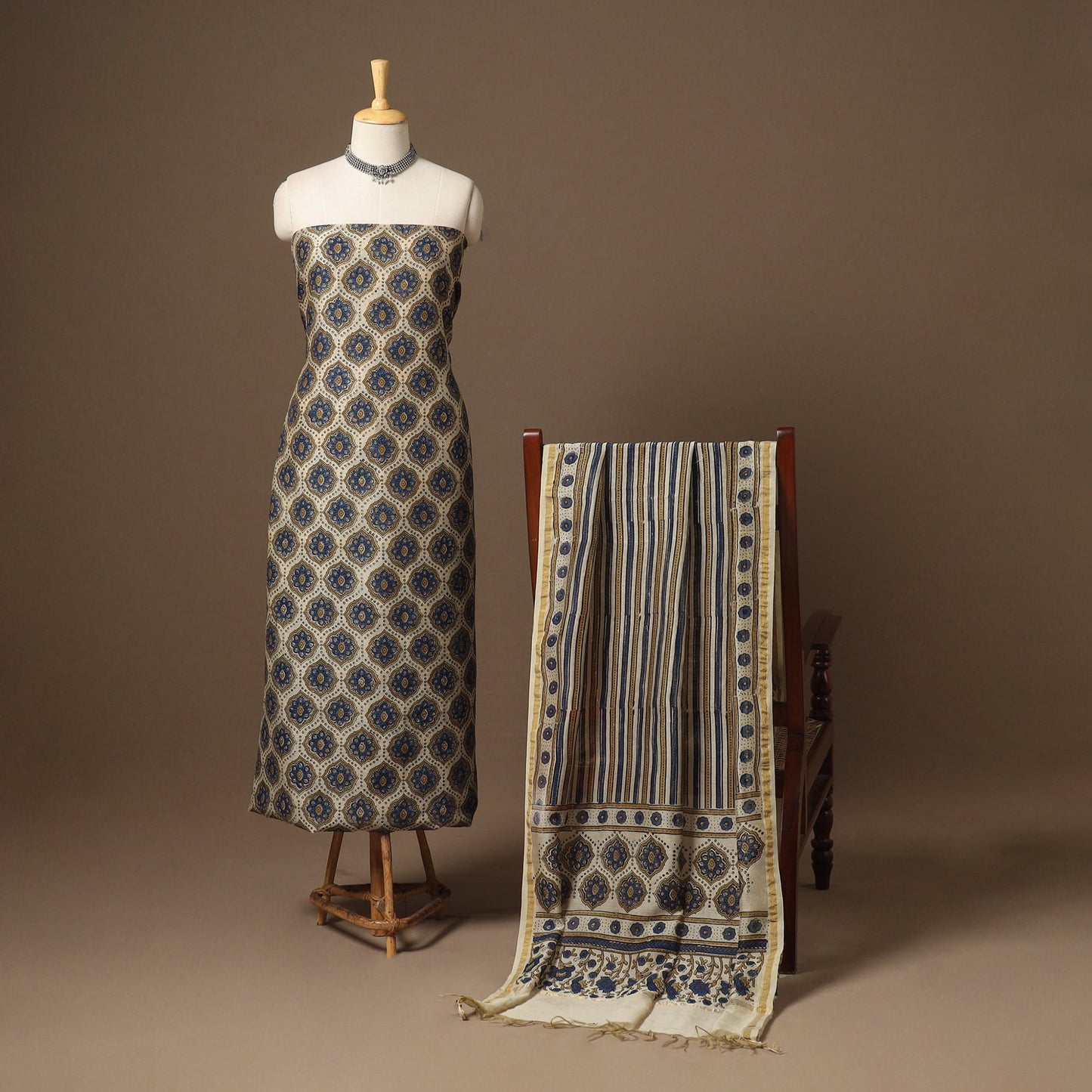 Beige Natural Dyed Chanderi Silk 2pc Unstitched Ajrakh Dress Material