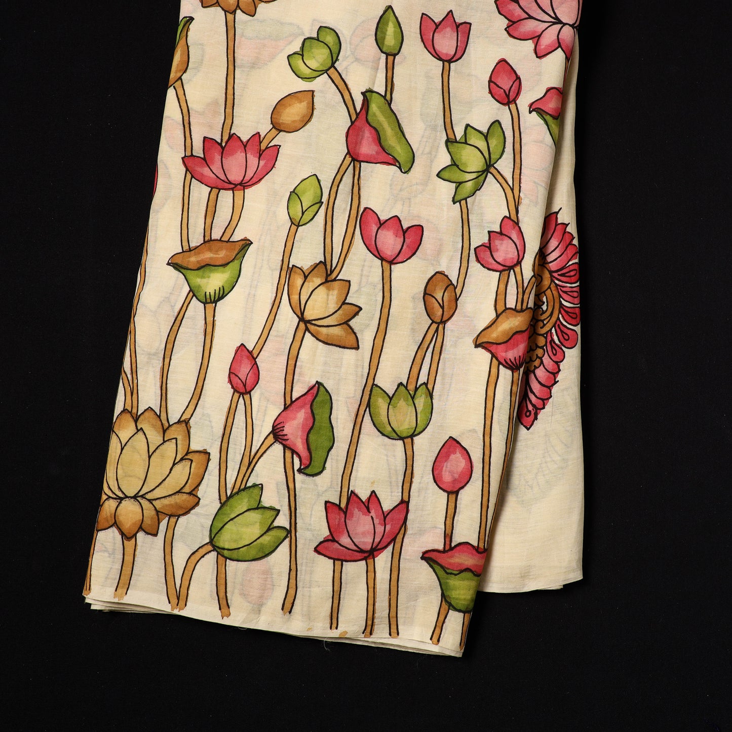 Beige - natural dyed chanderi silk handpainted srikalahasti