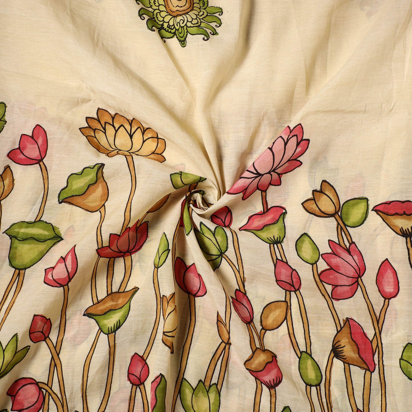 Beige - natural dyed chanderi silk handpainted srikalahasti