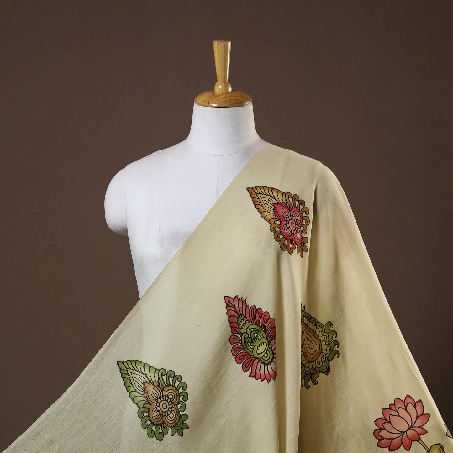 Beige - natural dyed chanderi silk handpainted srikalahasti