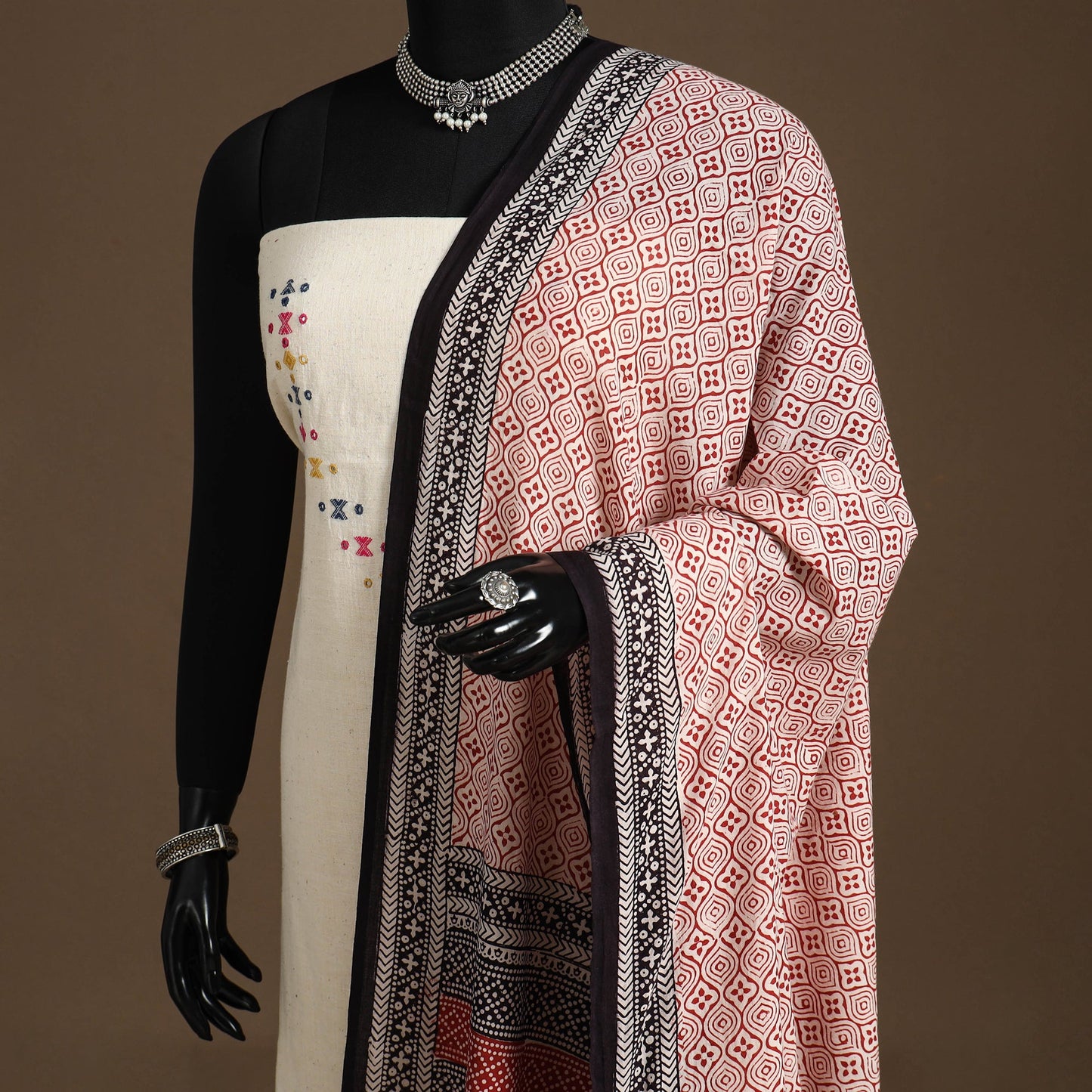 Beige Natural Dyed Cotton Block Print Bagh Dupatta