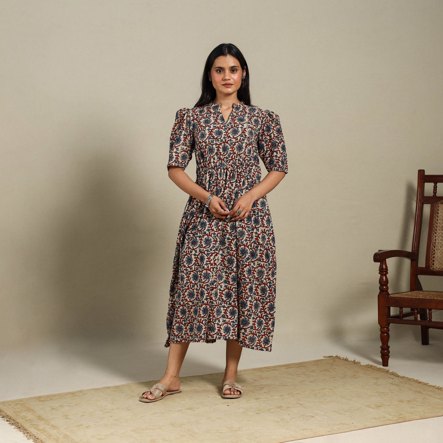 Beige - natural dyed cotton fit & flare dress 03