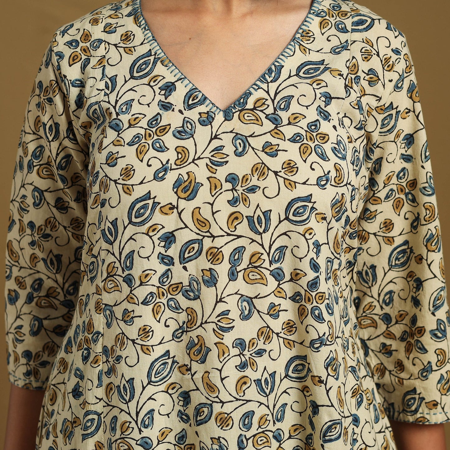 Beige Natural Dyed Block Print Cotton Ajrakh Kurta Set (Set of 3)