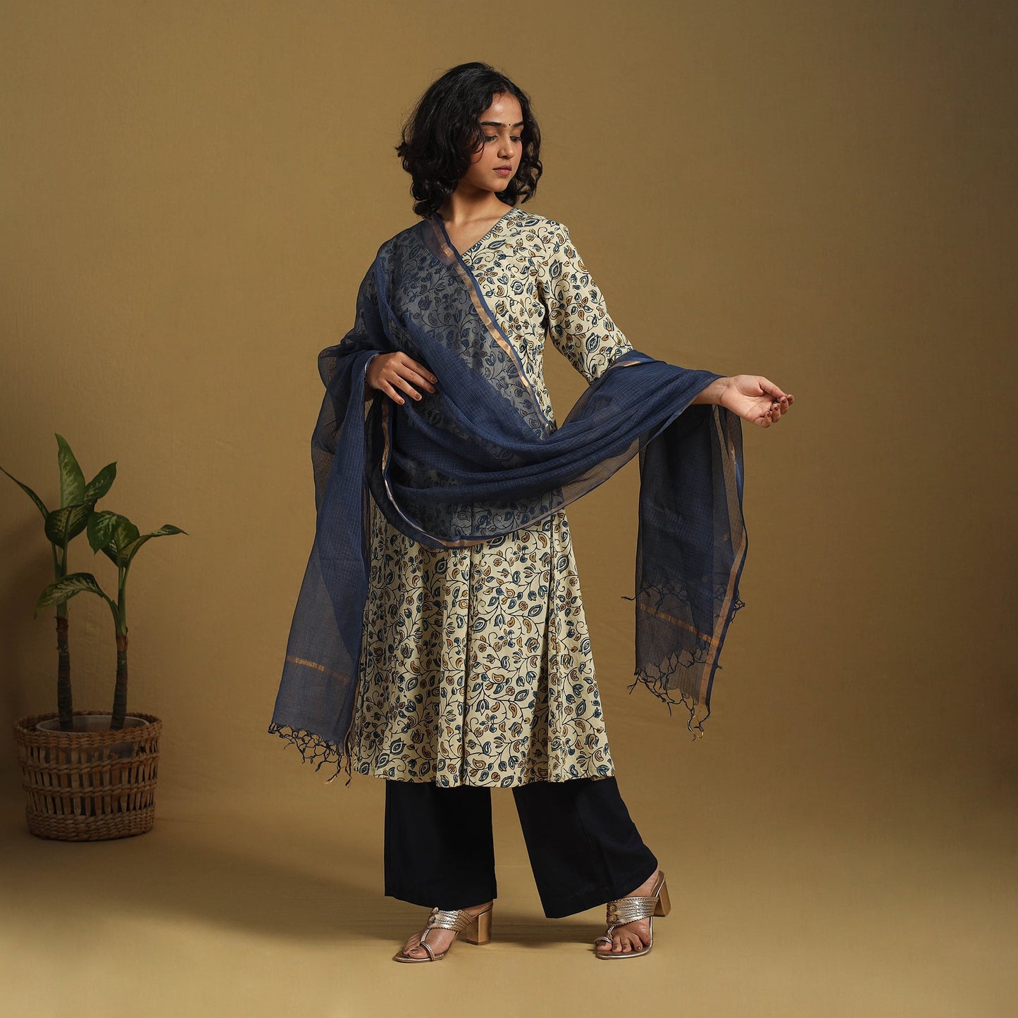 Beige Natural Dyed Block Print Cotton Ajrakh Kurta Set (Set of 3)