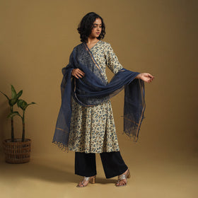 Beige Natural Dyed Block Print Cotton Ajrakh Kurta Set (Set of 3)