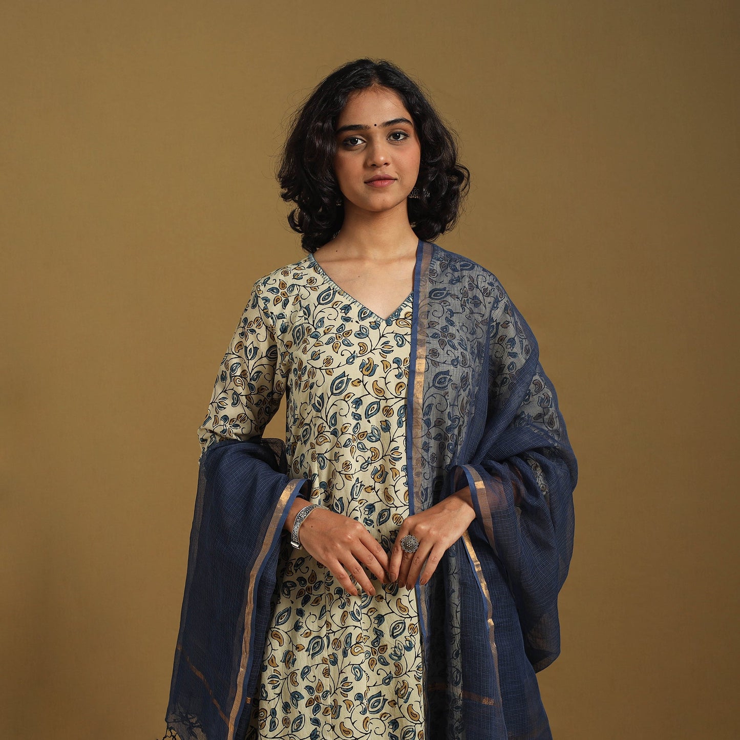 Beige Natural Dyed Block Print Cotton Ajrakh Kurta Set (Set of 3)