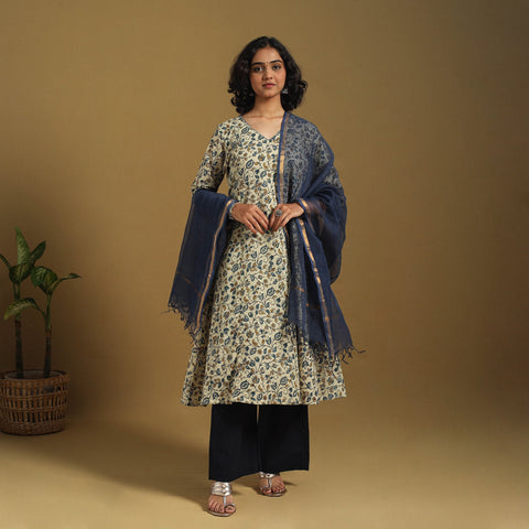 Beige Natural Dyed Block Print Cotton Ajrakh Kurta Set (Set of 3)