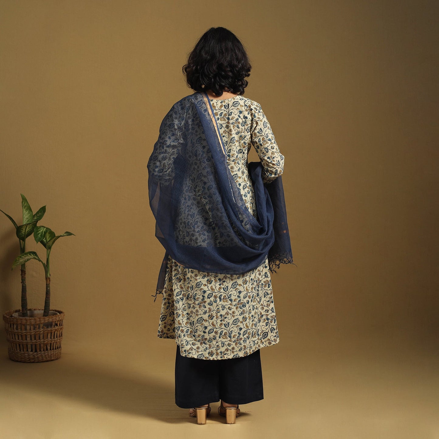 Beige Natural Dyed Block Print Cotton Ajrakh Kurta Set (Set of 3)