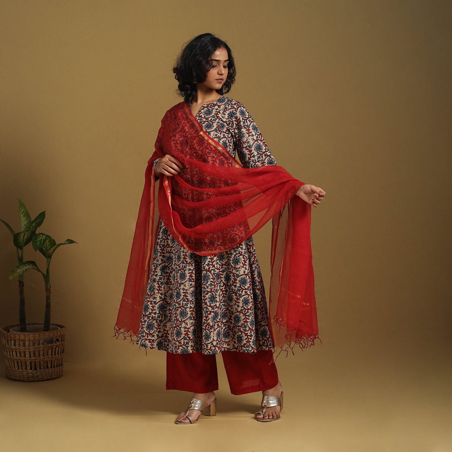 Beige Natural Dyed Block Print Cotton Ajrakh Kurta Set (Set of 3)