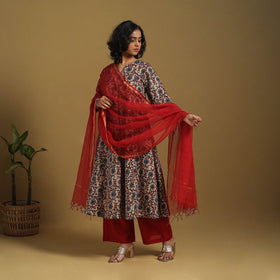 Beige Natural Dyed Block Print Cotton Ajrakh Kurta Set (Set of 3)