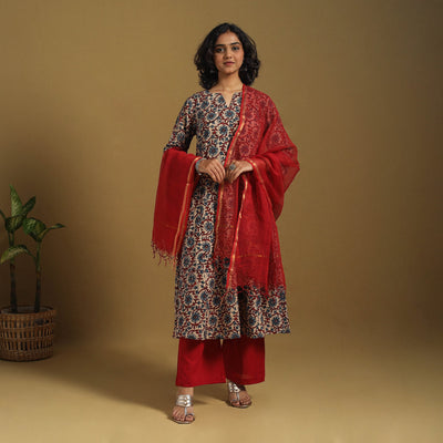 Beige Natural Dyed Block Print Cotton Ajrakh Kurta Set (Set of 3)