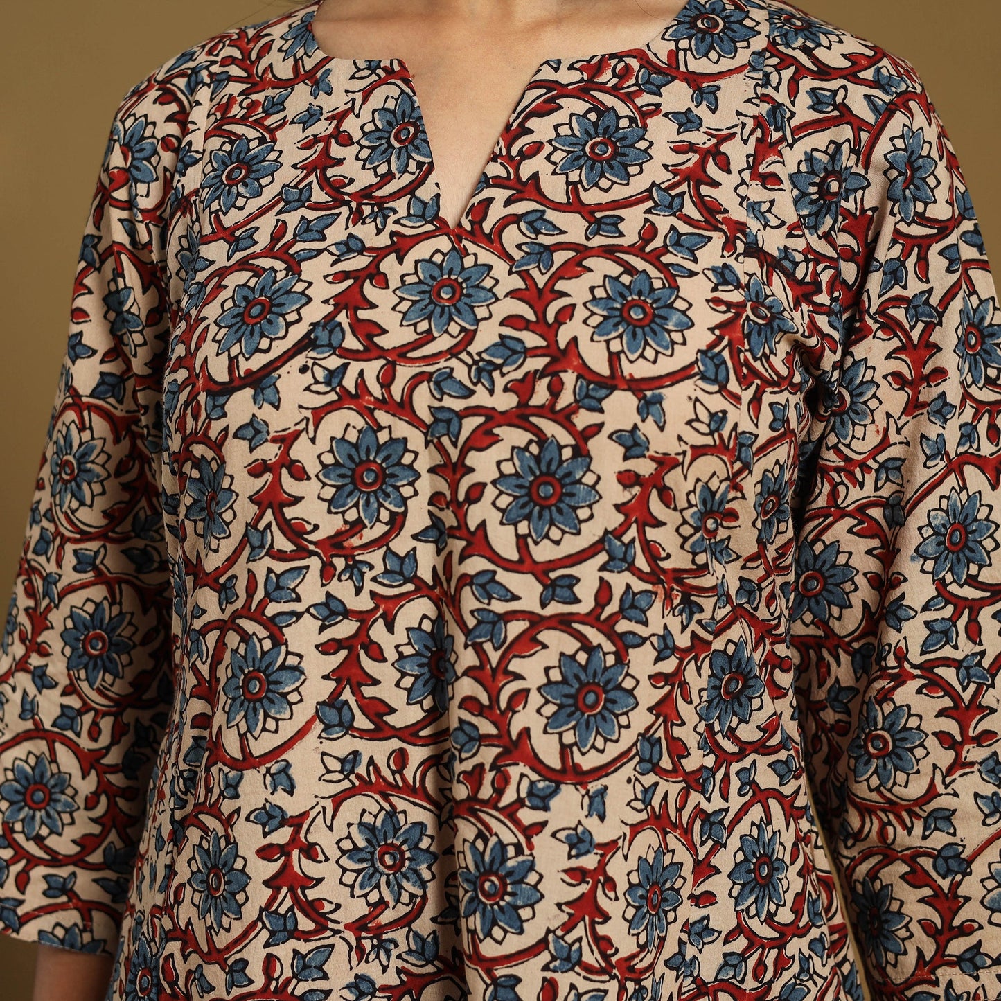 Beige Natural Dyed Block Print Cotton Ajrakh Kurta Set (Set of 3)