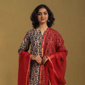 Beige Natural Dyed Block Print Cotton Ajrakh Kurta Set (Set of 3)