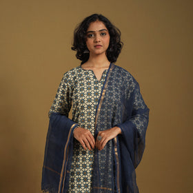 Beige Natural Dyed Block Print Cotton Ajrakh Kurta Set (Set of 3)