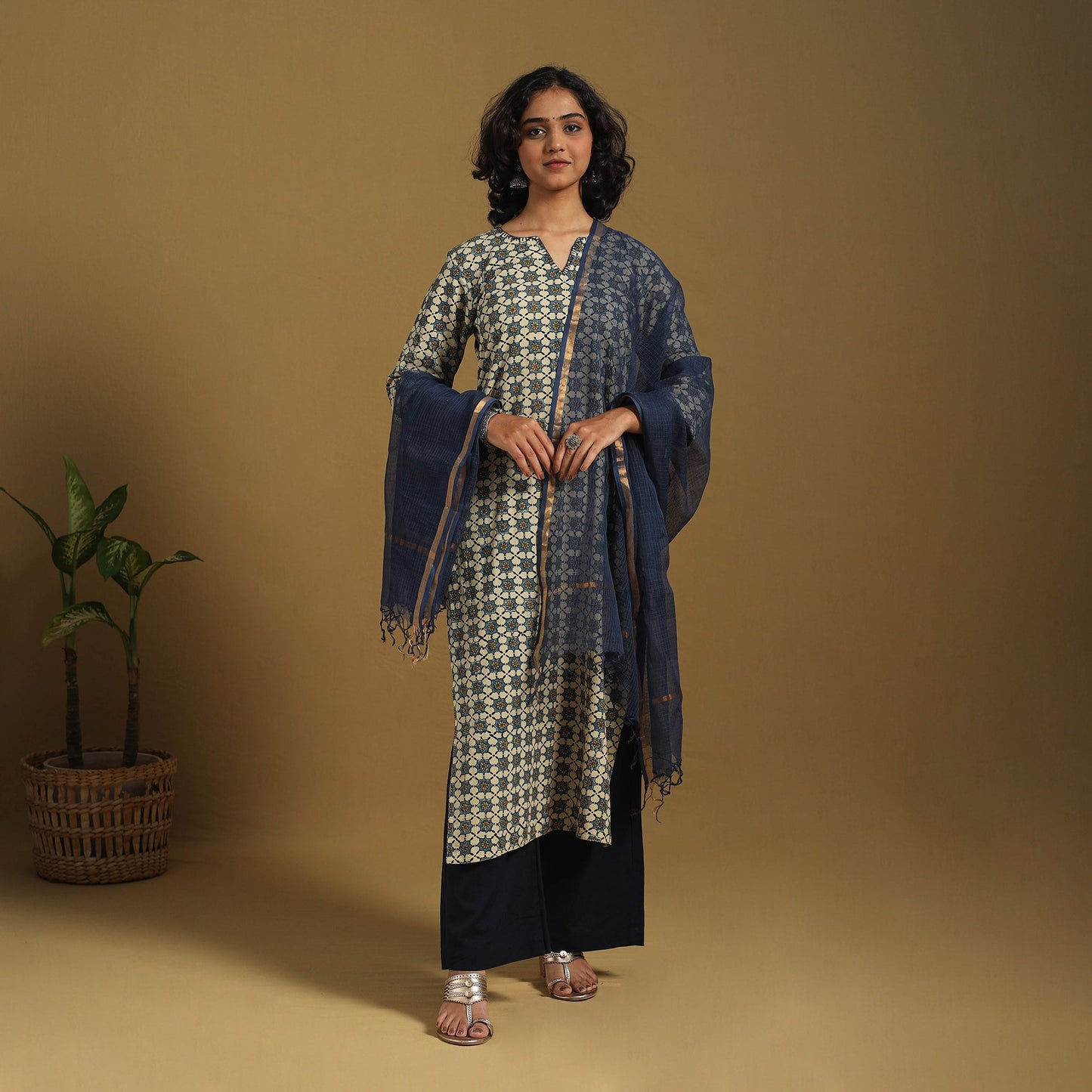 Beige Natural Dyed Block Print Cotton Ajrakh Kurta Set (Set of 3)