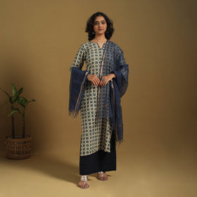 Beige Natural Dyed Block Print Cotton Ajrakh Kurta Set (Set of 3)