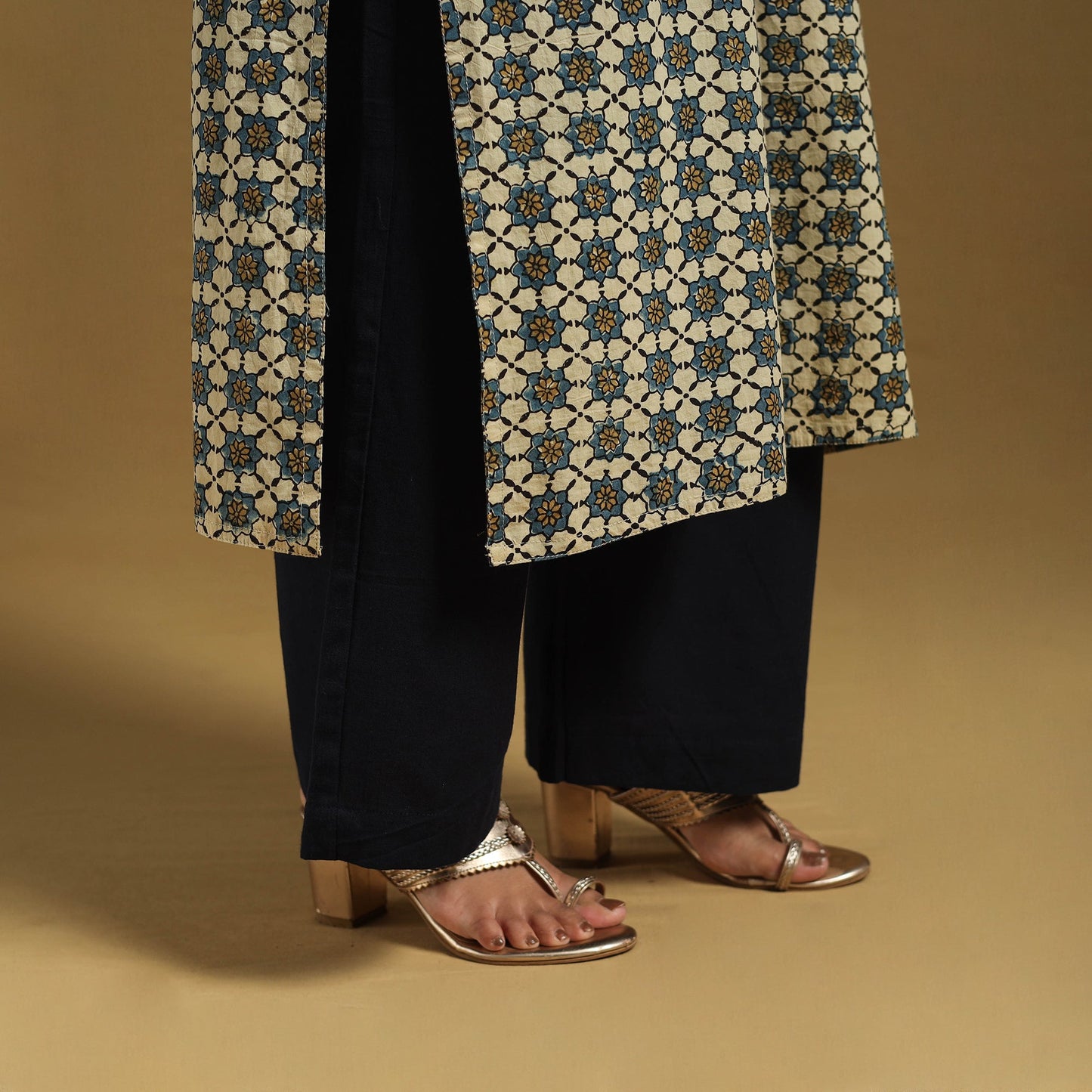 Beige Natural Dyed Block Print Cotton Ajrakh Kurta Set (Set of 3)