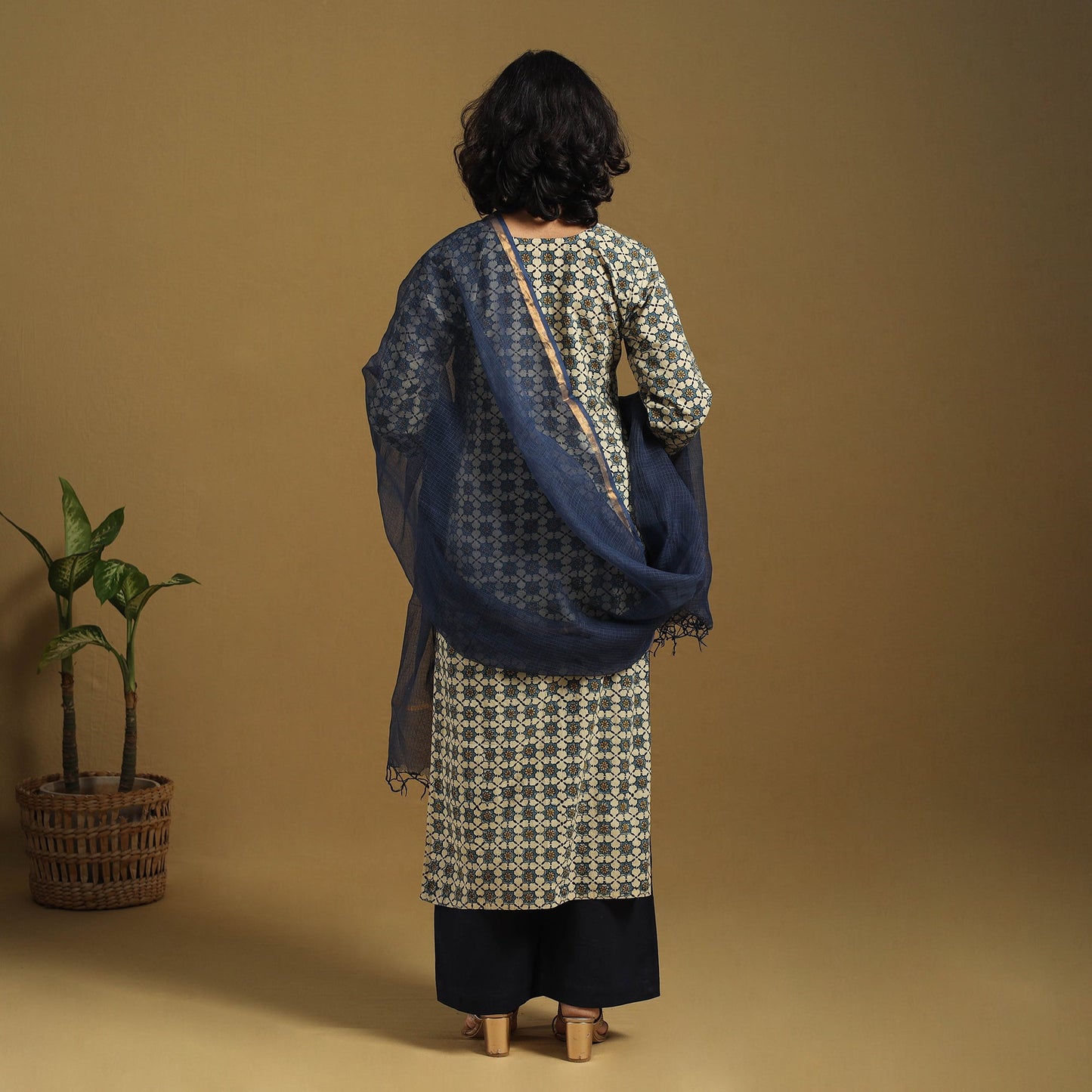 Beige Natural Dyed Block Print Cotton Ajrakh Kurta Set (Set of 3)