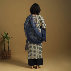 Beige Natural Dyed Block Print Cotton Ajrakh Kurta Set (Set of 3)