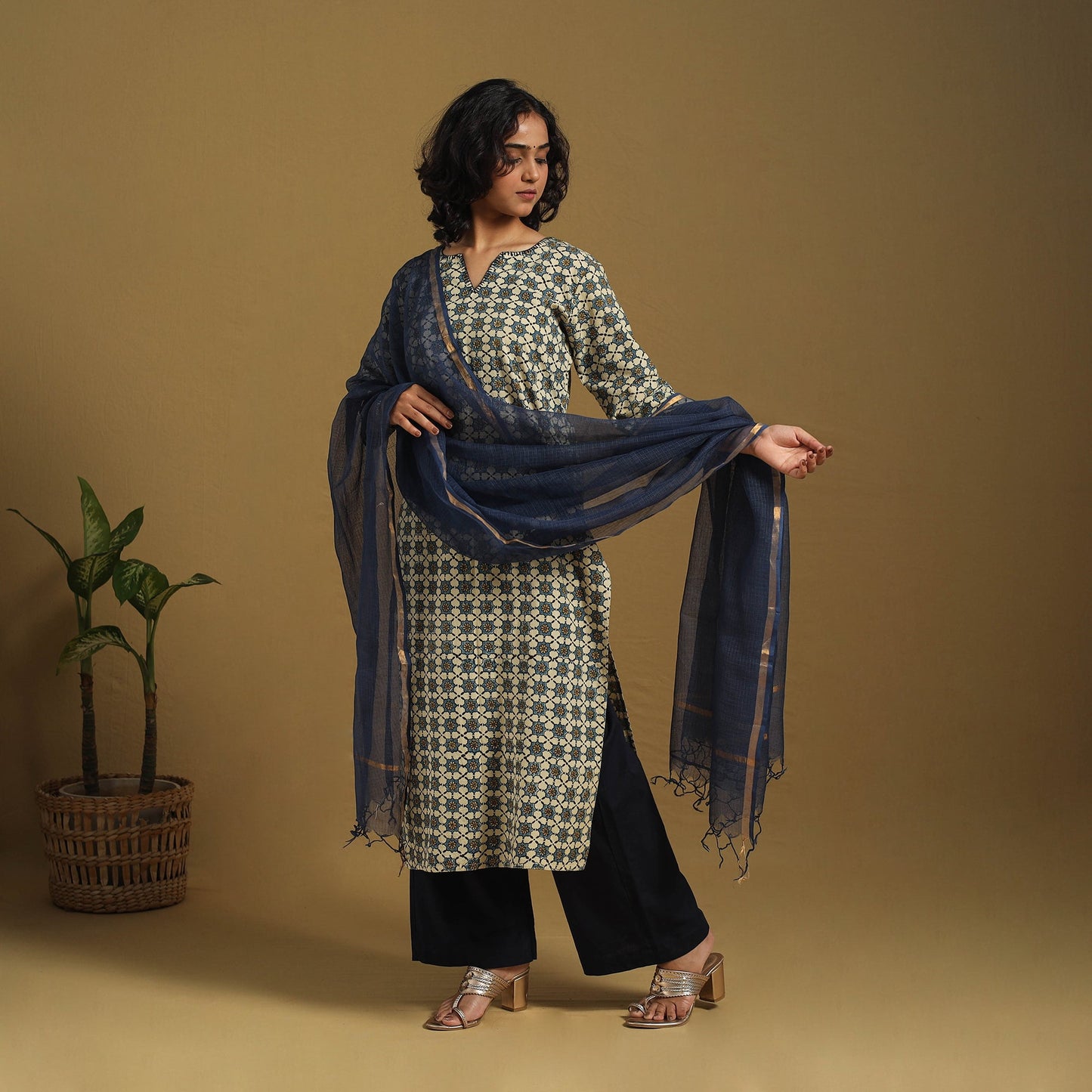 Beige Natural Dyed Block Print Cotton Ajrakh Kurta Set (Set of 3)