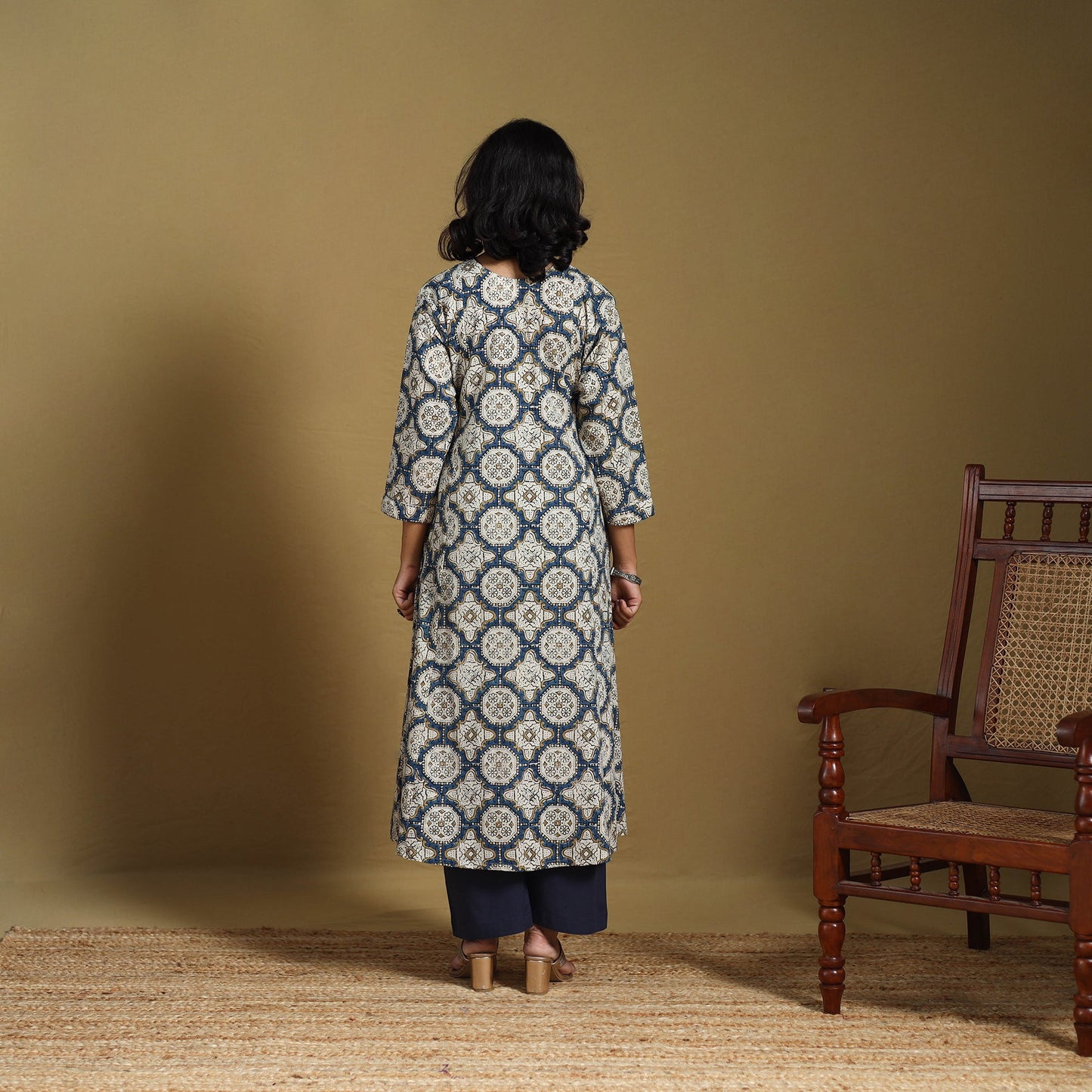 Beige - natural dyed cotton a-line hand kurta