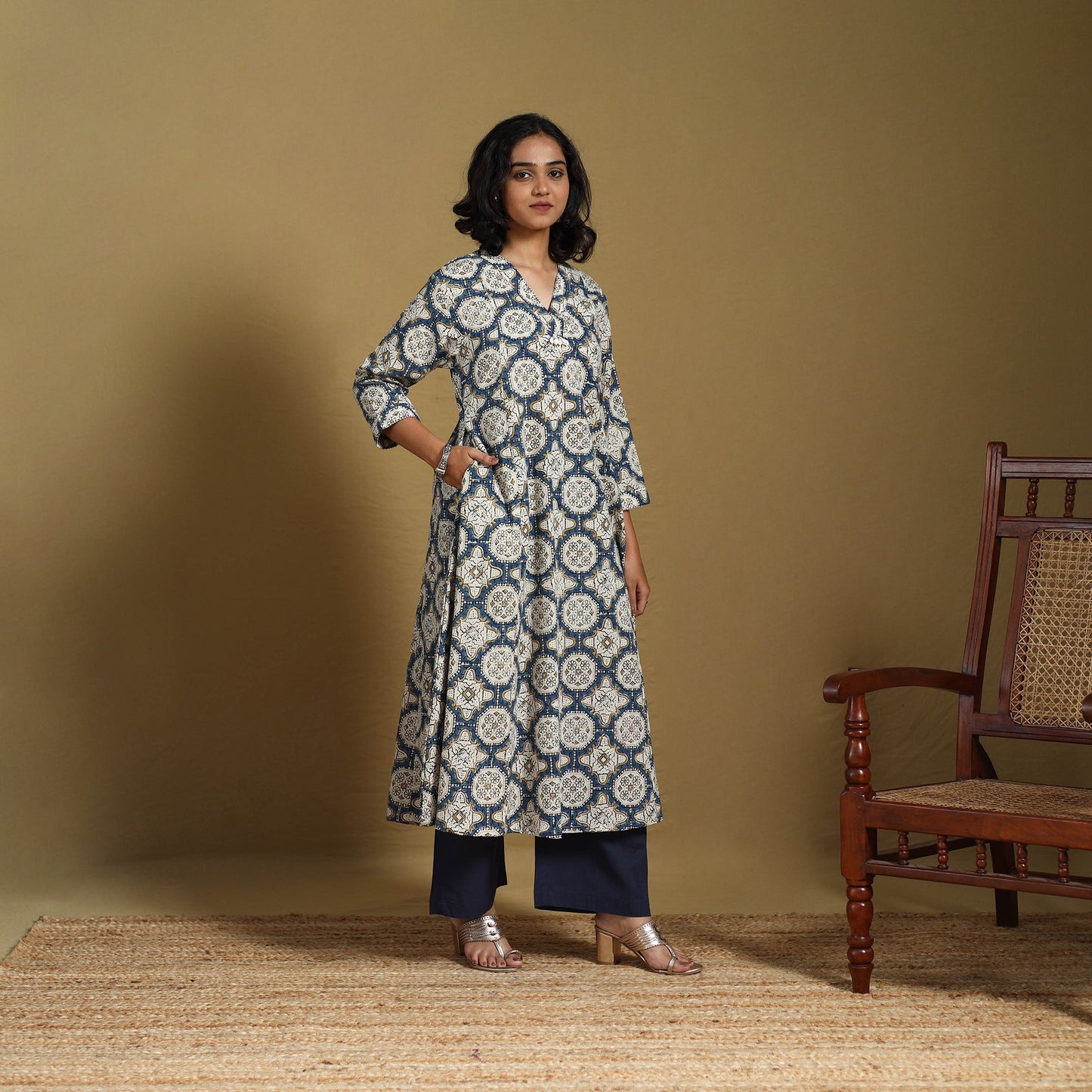 Beige - natural dyed cotton a-line hand kurta