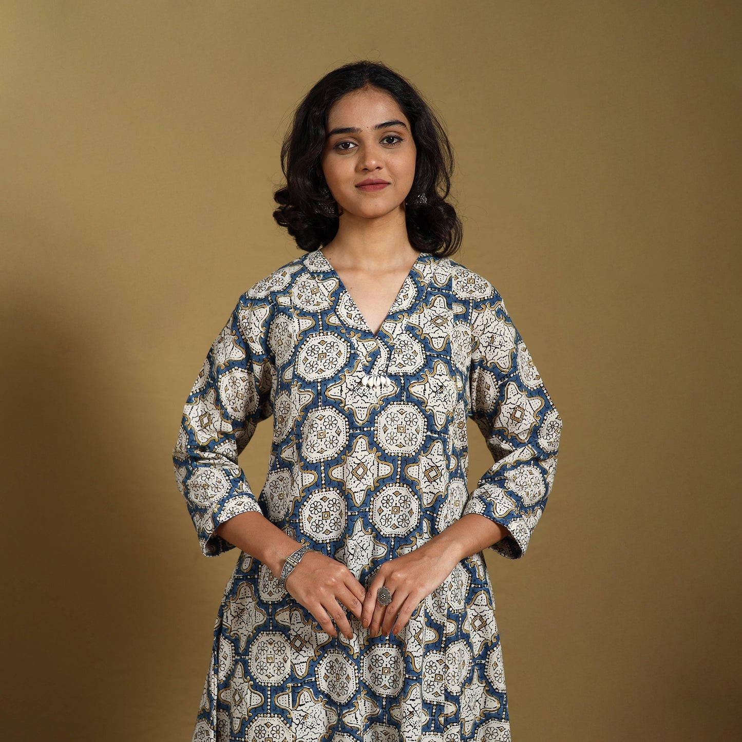 Beige - natural dyed cotton a-line hand kurta