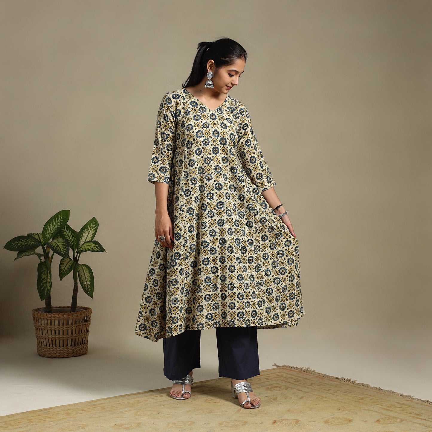 Beige Block Print Natural Dyed Cotton A-Line Ajrakh Kurta