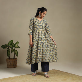 Beige Block Print Natural Dyed Cotton A-Line Ajrakh Kurta